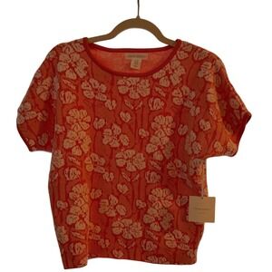 NEW Cynthia Rowley Coral Floral Knit Top Short Sleeve Crew Neck XS
